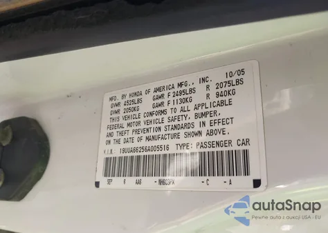 2006 Acura Tl из США, поврежденный, VIN 19UUA66256A005516